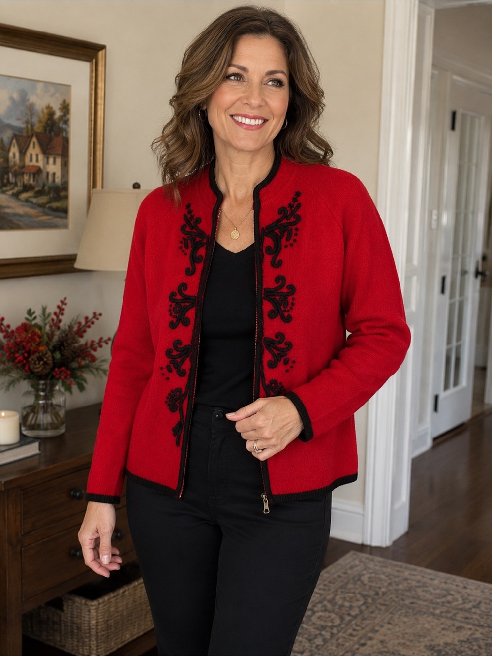 Karen Scott 100% Wool Cardigan Red Black Embroidered Made in Australia Size M